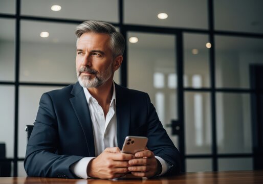 Thoughtful businessman with graying hair and beard holds a smartphone in a modern office setting