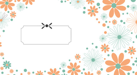 Floral frame background with cute orange and blue flowers and a blank label providing copy space for text or a message.