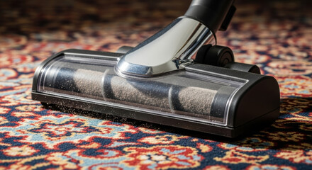 Close-up of efficient vacuum suction opening cleaning a decorative carpet. Vacuum cleaner attachment showing detailed brush and suction mechanism operating on intricate rug design.