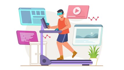Immersive fitness experience man using VR headset on treadmill surrounded by floating screens for interactive workout and data analysis showing progress - Powered by Adobe