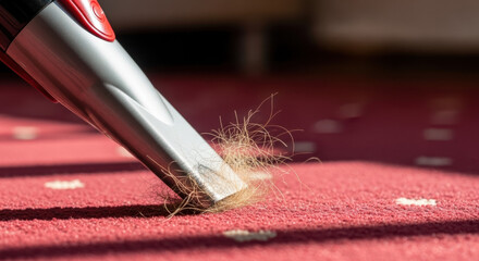 Close-up shot of clean vacuum sweeping away dog hair from carpet. Vacuum features titanium finish, efficiently removing allergens and dust from fibers.