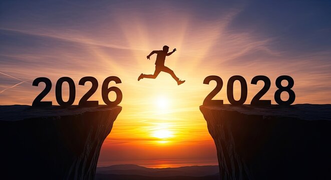 Silhouette of person jumping over gap between 2026 and 2028 at sunset