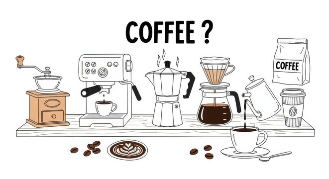 Diverse Coffee Brewing Methods Illustrated Collection