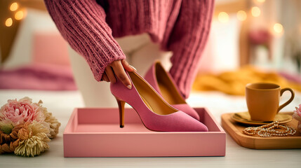 Woman picking elegant pink high heels from gift box on cozy bedroom table with flowers, jewelry and cup of coffee