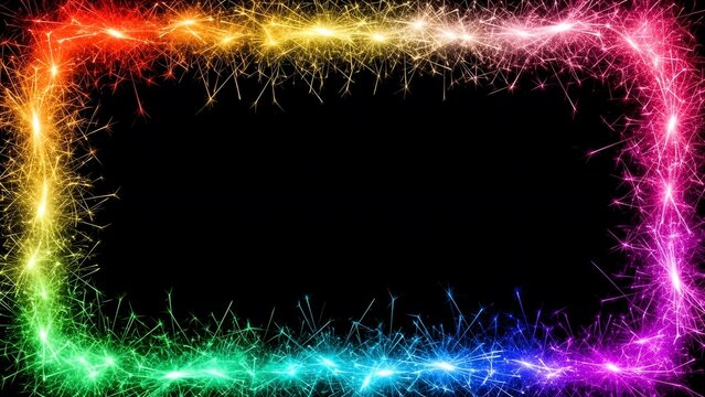 Vibrant Rainbow Sparkler Frame on Black Background perfect for Website banner, social media post, party invitation, greeting card design, event promotion, - Powered by Adobe