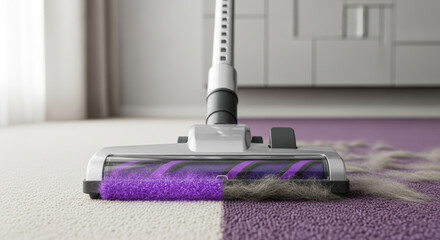 Vacuum carpet before and after cleaning with vacuum cleaner on purple carpet, showing dirt being removed effortlessly.
