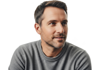 A close-up portrait of a man with short hair and a beard wearing a gray sweater, gray, man, portrait, pose, smile, stare, sweater 