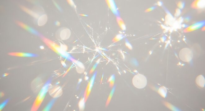 Rainbow light refractions and sparkles on white background