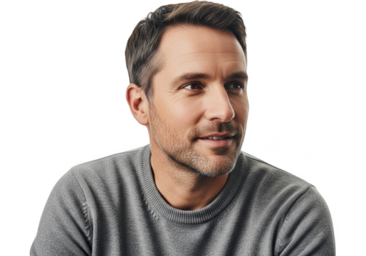 A close-up portrait of a man with short hair and a beard wearing a gray sweater, gray, man, portrait, pose, smile, stare, sweater 