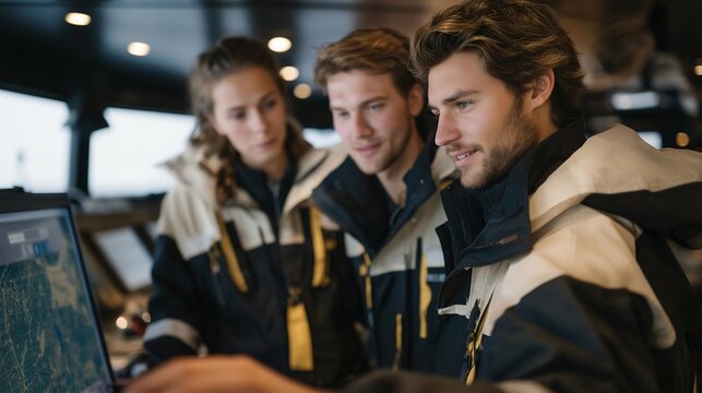 A ship’s crew reviewing a load distribution map on a navigation screen, balancing cargo across compartments to maintain stability in rough seas — maritime engineering, vessel safety, and global