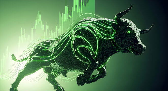 Digital bull with glowing green lines and stock chart symbolizing market trends