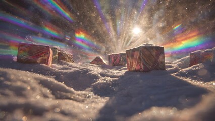 Naklejka premium Light Refraction and Color Dispersion on Crystals in Snow at Outdoor Winter Environment from Ground View