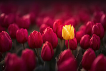 A single bright yellow tulip rises distinctly from a dense field of closed red tulips. Shallow depth of field creates a cinematic look. Idea of individuality, contrast, and standing apart.