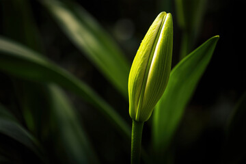 A close-up of a smooth, bright beautiful, green lily bud grows vertically against a dark, moody background. Dramatic contrast. Idea of natural elegance, life energy, elegant botany.