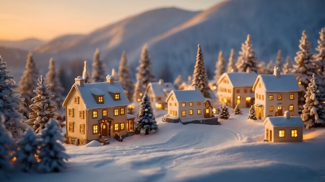 Pueblo nevado con casas iluminadas al atardecer entre monta&ntilde;as y &aacute;rboles cubiertos de nieve en escena invernal navide&ntilde;a
