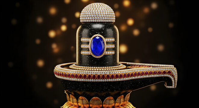 Ornate shiva lingam adorned with diamonds and a sapphire against a bokeh background