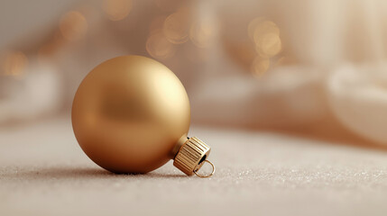 Single Luxurious Golden Christmas Bauble Resting on Sparkling Glitter with Soft Bokeh Lights Background