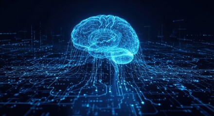 Blue Digital Brain with Glowing Circuits and Data Streams