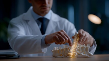 A close-up of a 3D-printed human spine model on a doctor’s desk, vertebrae and discs illuminated under soft light while a clinician points to a specific section during a consultation — orthopedic