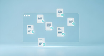 Completed documents displayed on a glass screen against a soft blue background