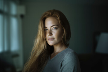 A close-up portrait of a serene young woman with long red hair and prominent freckles. Moody, cinematic lighting. Natural beauty, wellness.