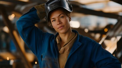 A female welder adjusting her helmet in a workshop filled with steel frames and sparks in the background, showcasing skilled labor and modern diversity in the trades — empowerment in skilled
