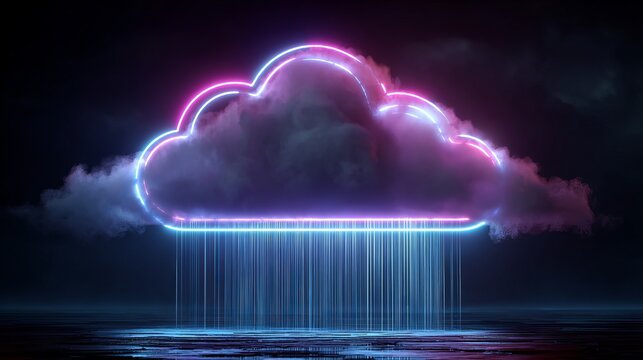 Futuristic neon cloud with digital rain, a modern data concept for innovation and technology businesses, perfect for tech startups and cloud-based services