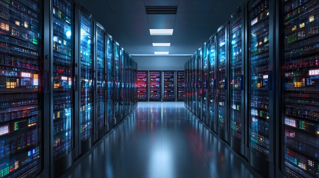 Dynamic server room showcasing cutting edge technology and data management solutions, perfect for illustrating cybersecurity, cloud computing, and IT infrastructure