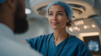 A hospital physicist performing a routine quality check on a linear accelerator used for cancer treatment, ensuring accurate radiation delivery for therapy — radiation oncology, equipment