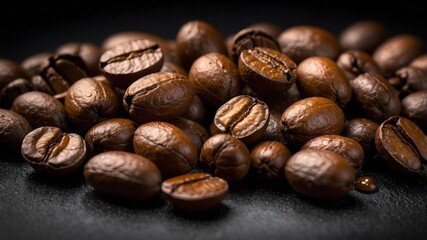 Fototapeta premium Granos de café tostado en primer plano sobre fondo oscuro con textura brillante en fotografía gastronómica macro