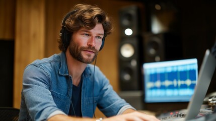 Obraz premium A sound engineer calibrating studio speakers using a measurement microphone, acoustic frequency graphs filling a laptop screen as they optimize room sound — audio engineering, studio acoustics, and