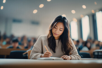 Concentrated young Asian female student with long dark hair writing in notebook at table in university lecture hall. Education, study, exams.