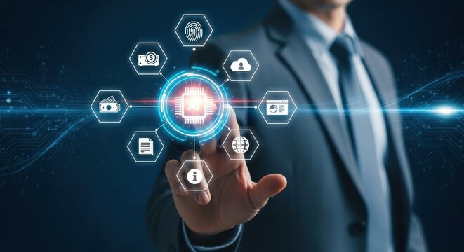 Businessman touching AI interface with business icons