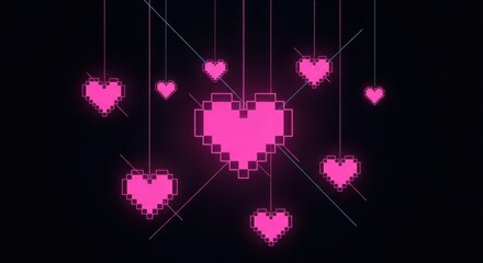 Pixelated Pink Hearts Floating on Dark Background