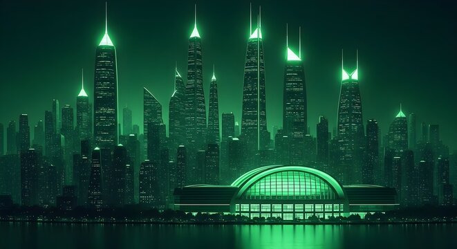 Futuristic green cityscape with glowing buildings and water reflections at night