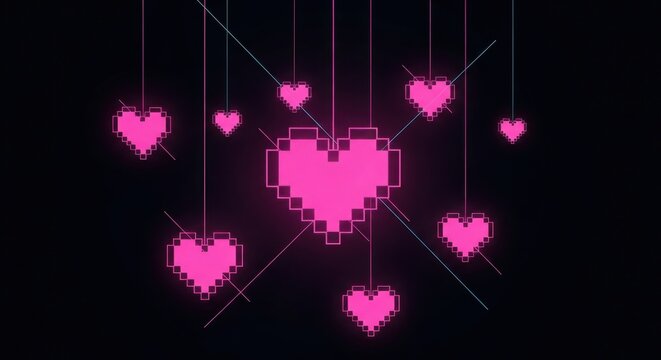 Pixelated Pink Hearts Floating on Dark Background