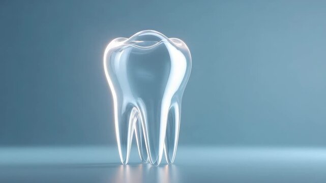 Translucent Molar Tooth Glowing with Soft Light on a Cool Blue Background with Subtle Reflections and Depth of Field