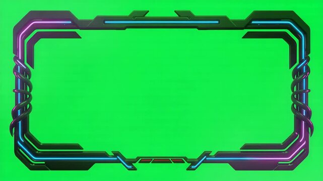 Futuristic gaming overlay frame design with neon blue and pink light accents on a green screen background for easy chroma keying and video editing