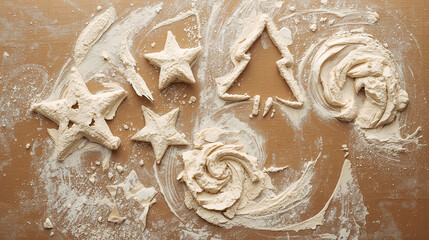 Top View of Flour Traces and Shapes on a Wooden Background: Abstract Christmas Baking and Dough Preparation