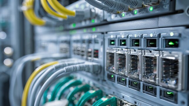 Advanced data center equipment with flashing lights and modern cabling for cutting edge IT solutions and seamless connectivity in your business network