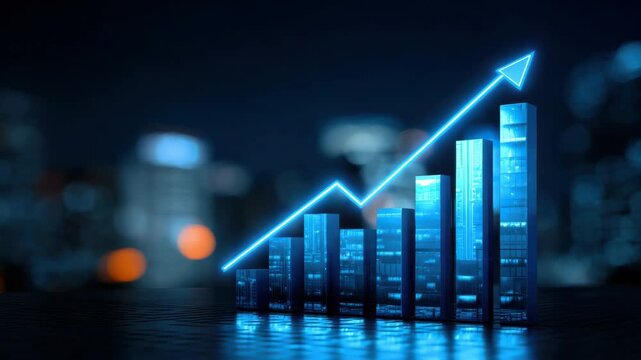 Abstract Blue Bar Graph With Neon Arrow Indicating Upward Growth On Dark Cityscape Background With Bokeh Lights - Powered by Adobe