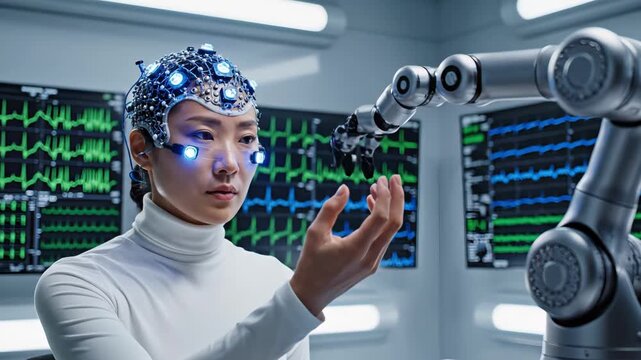 brain signals monitored during testing, researcher utilizes eeg setup to connect with robotic device, clinical study involving neural data collection through eeg and robotic interaction