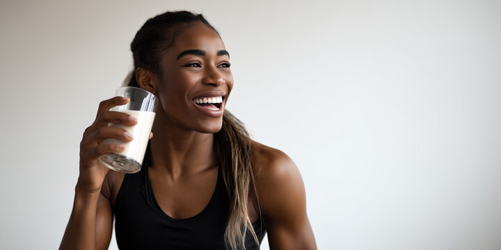 A beautiful, athletic Black woman in a black tank top laughs joyfully ,holding a glass of protein shake. Bright white background. Fitness nutrition, healthy lifestyle, vitality. Place for signature.