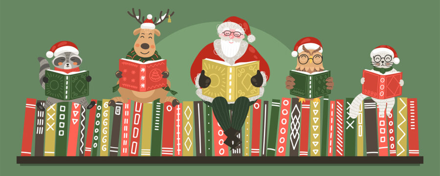 Santa Claus with animals reading book on bookshelf. Christmas reading, books, library, literature concept.