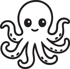 A charming and friendly cartoon octopus with big eyes and a gentle smile, inviting a sense of wonder and delight. Its eight tentacles playfully curve, suggesting movement and a playful personality. 