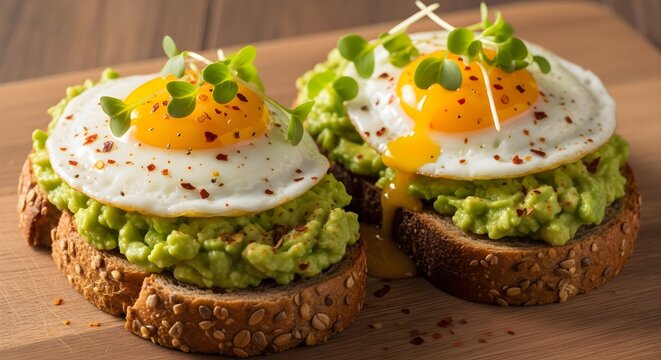 Healthy open faced whole grain toast topped with creamy mashed avocado and perfectly fried sunny side up eggs garnished with fresh sprouts close up view - Powered by Adobe