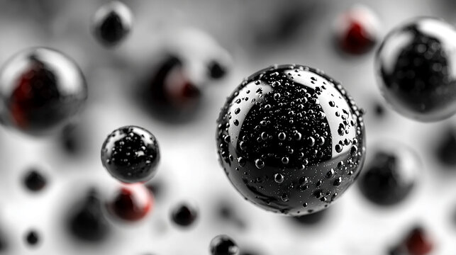 Abstract cinematic 16k render of floating metallic black ink or oil bubbles.