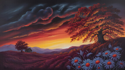 Dramatic Sunset Landscape with Red Tree and Fiery Sky, sunset landscape, vibrant sunset painting, fiery sky artwork, dramatic sky, red tree illustration, painterly landscape, bold brushstrokes art,