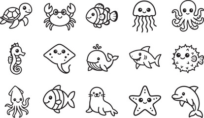 An adorable array of marine creatures, each depicted with charming detail, swimming across a plain backdrop, offering a delightful glimpse into the underwater world.