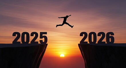 Silhouette of a person leaping from 2025 to 2026 at sunset